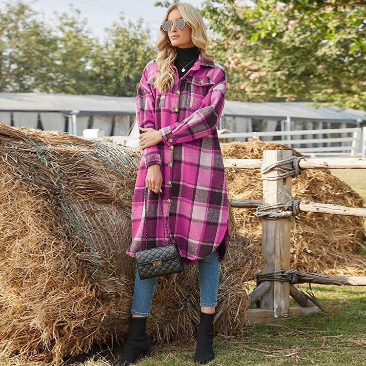 Ladies' Colorblock Plaid Print Button Front Drop Shoulder Coat