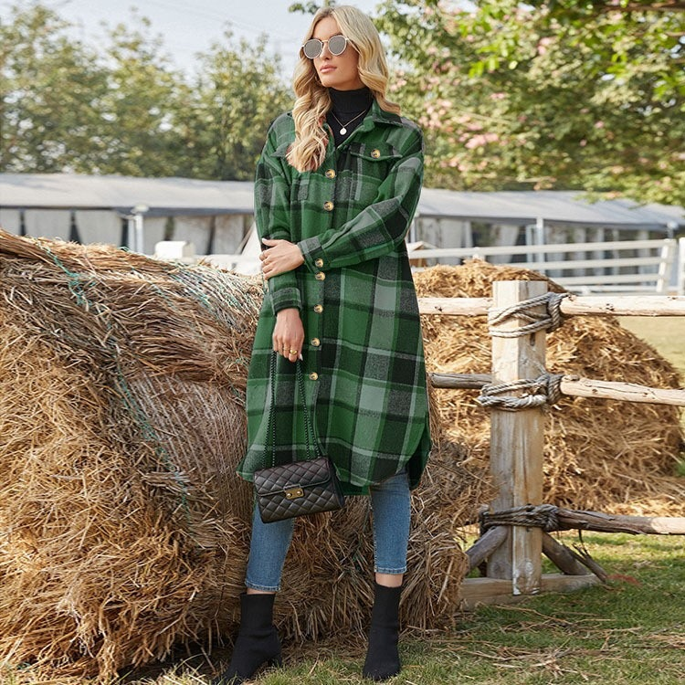Ladies' Colorblock Plaid Print Button Front Drop Shoulder Coat