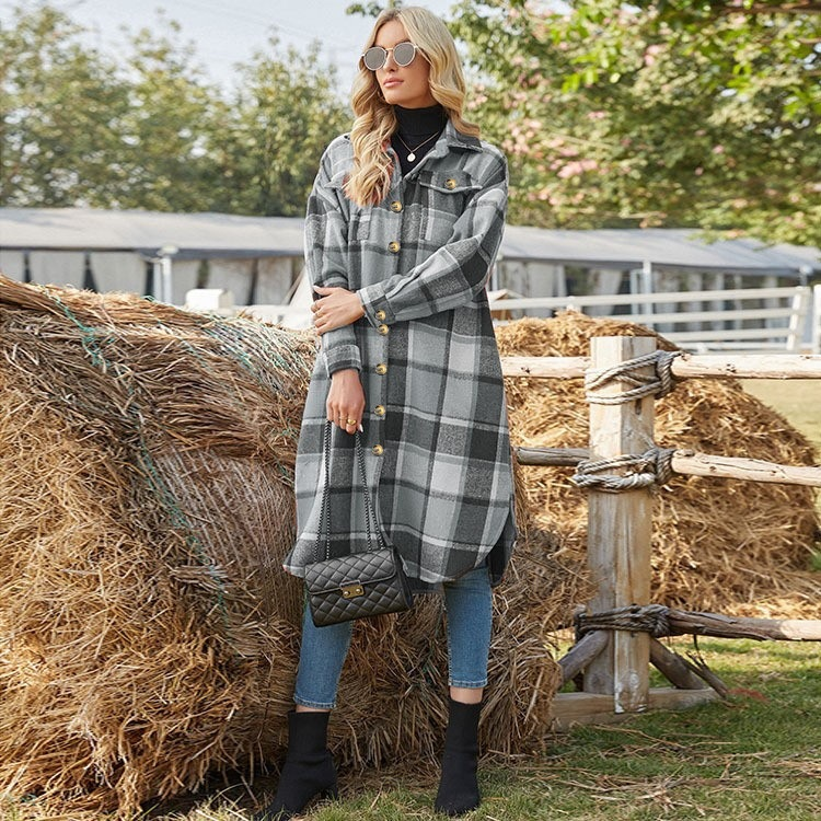 Ladies' Colorblock Plaid Print Button Front Drop Shoulder Coat